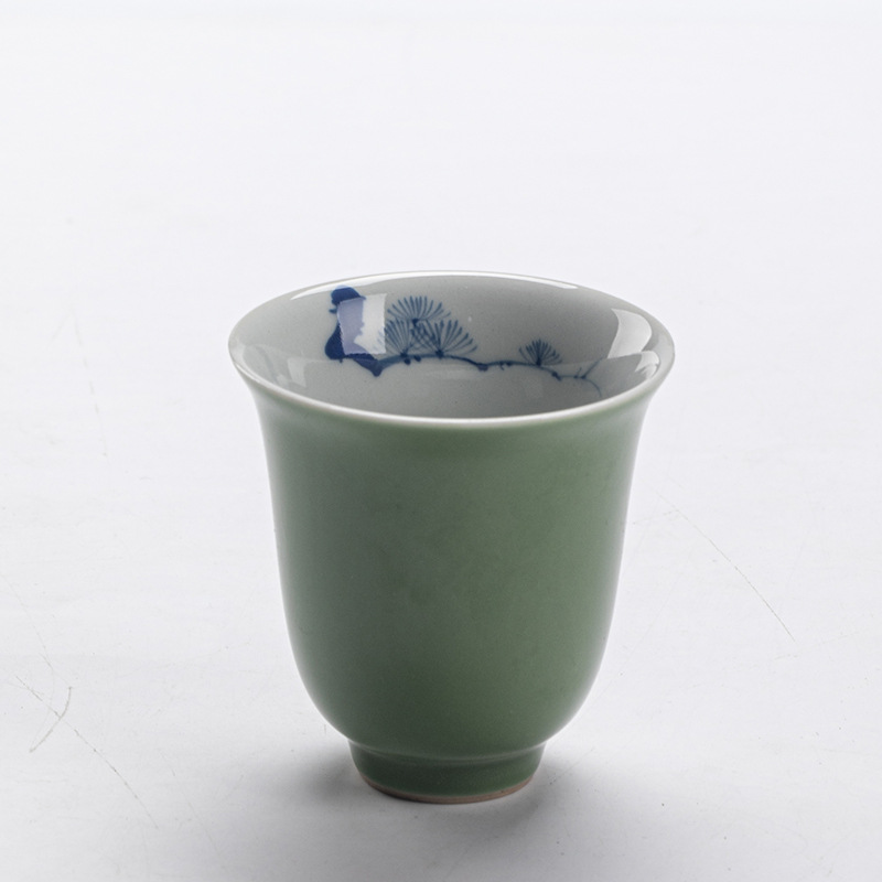 Pine Green Tea Cups Set*4 PCS with Flower Deco