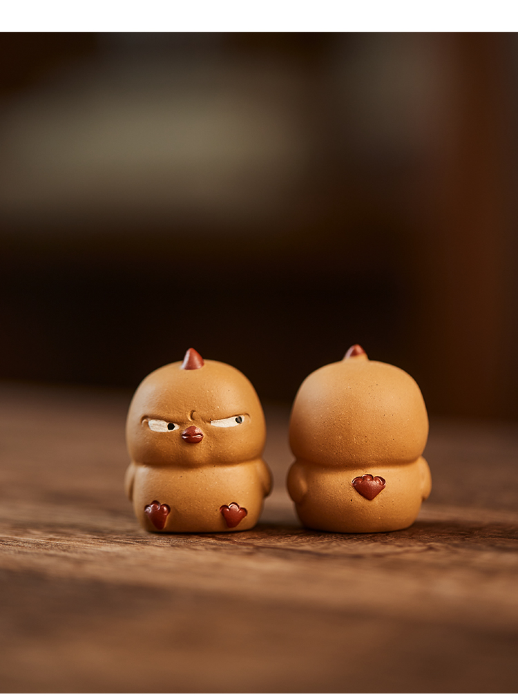  Badass Yellow Chicken Family Figurine, Chinese Tea Pet Made of Yixing Zisha Clay