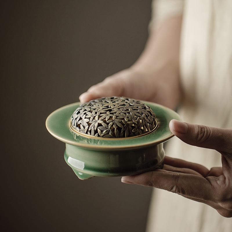 Minimal Style Celadon Incense Burner with Copper Cover and Flower Pattern