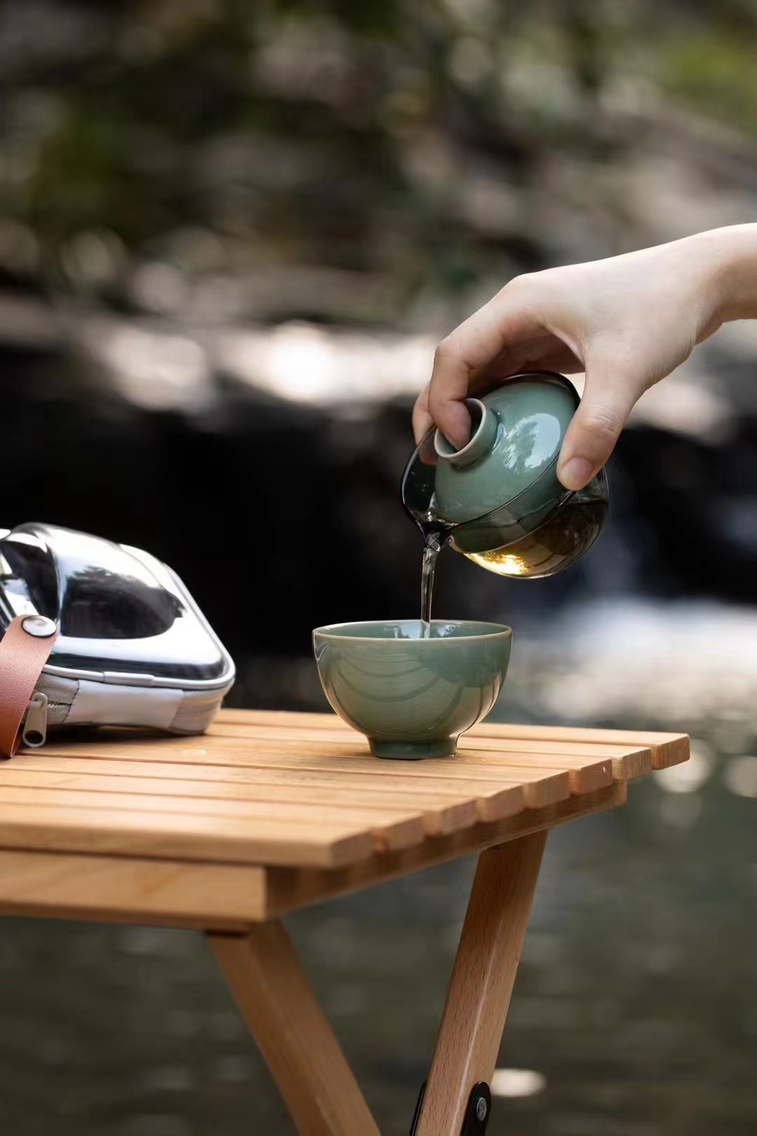 Marble Green Travel Tea Set, 1 Glass Teapot+ 1Ceramic Cup