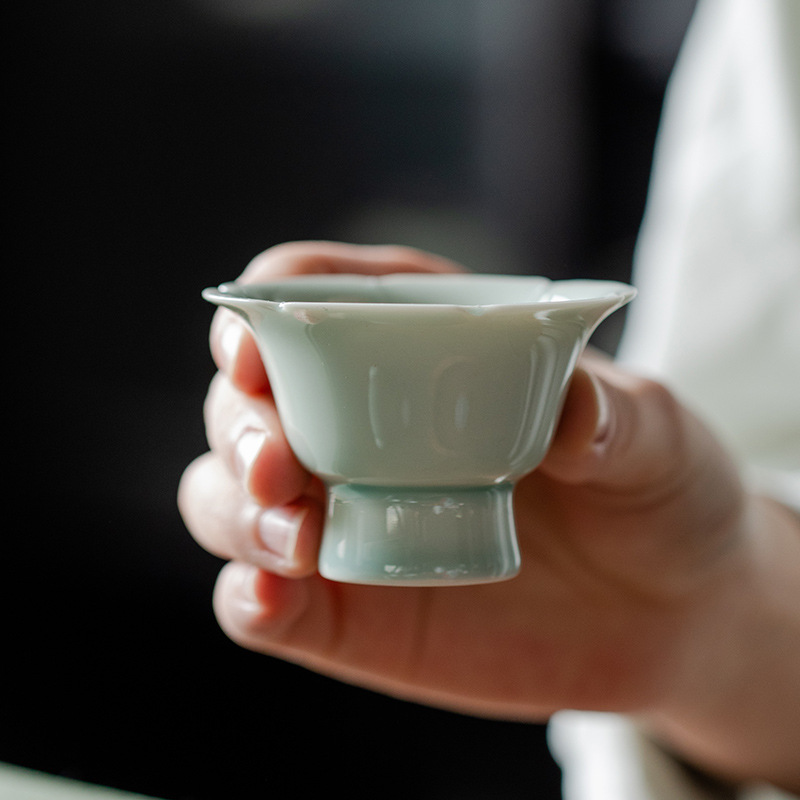Ice Flower Tea Cup with Saucer 60ml, Misty Blue Ice Crackle Glaze, Chinese Kung Fu Tea Cup Set