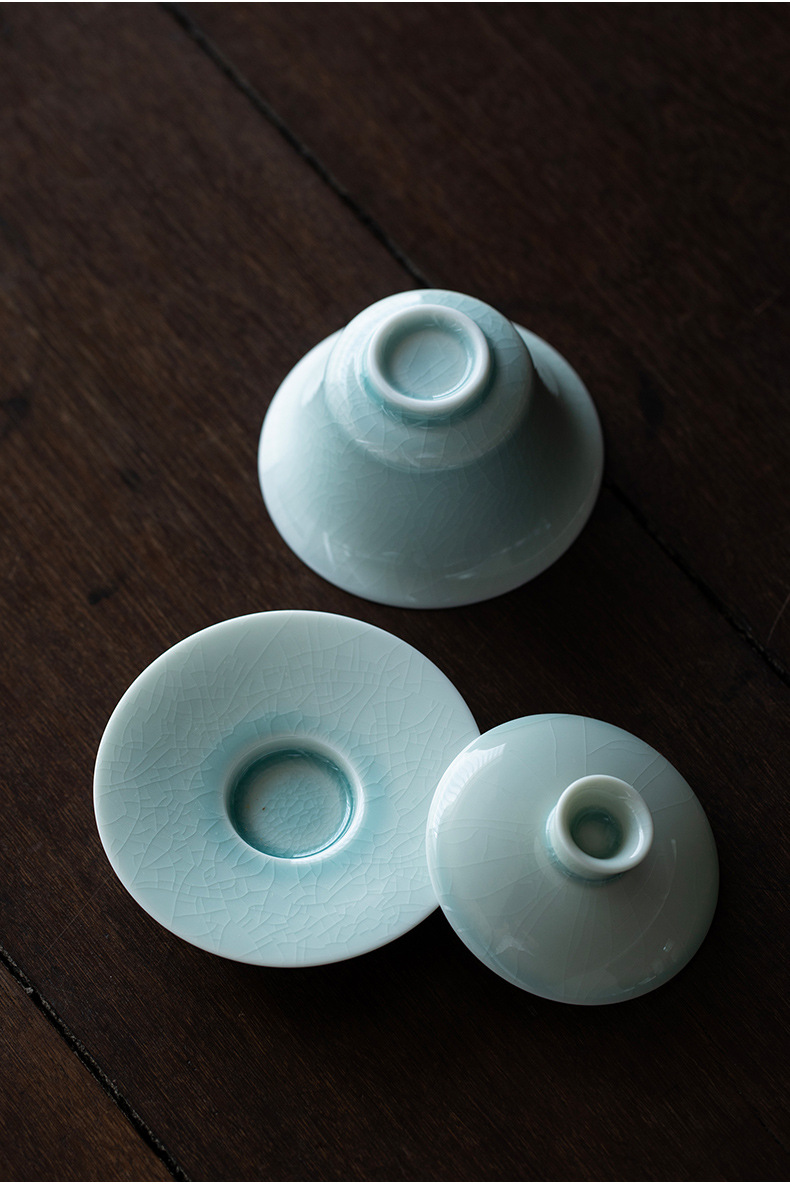 Porcelain Gaiwan Tea Set, Gaiwan+Saucer, Lake Cyan/Lime White Chinese Porcelain