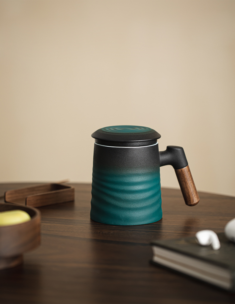 Japanese Style Tea Mug With Infuser 400ml, Bas-Relief Waves Pattern, 3 Colors Optional