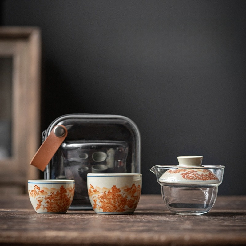 Flower Travel Tea Set, 1 Glass Teapot+2 Ceramic Cups