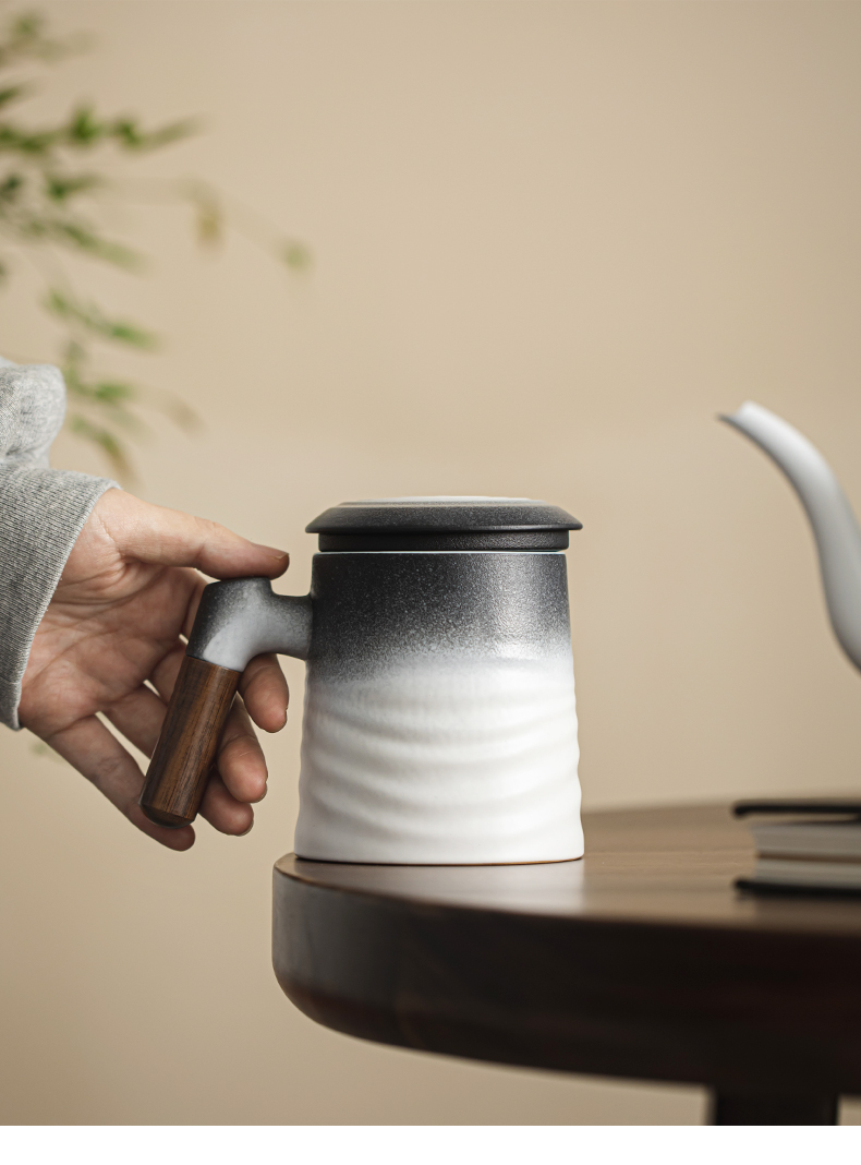 Japanese Style Tea Mug With Infuser 400ml, Bas-Relief Waves Pattern, 3 Colors Optional