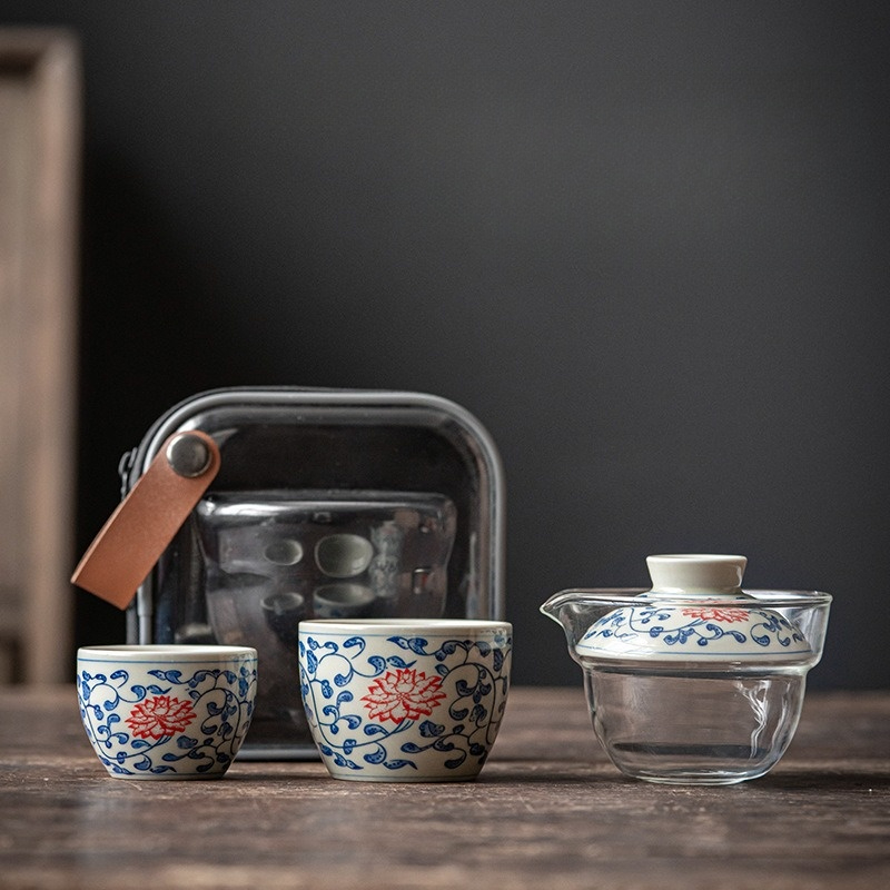 Flower Travel Tea Set, 1 Glass Teapot+2 Ceramic Cups