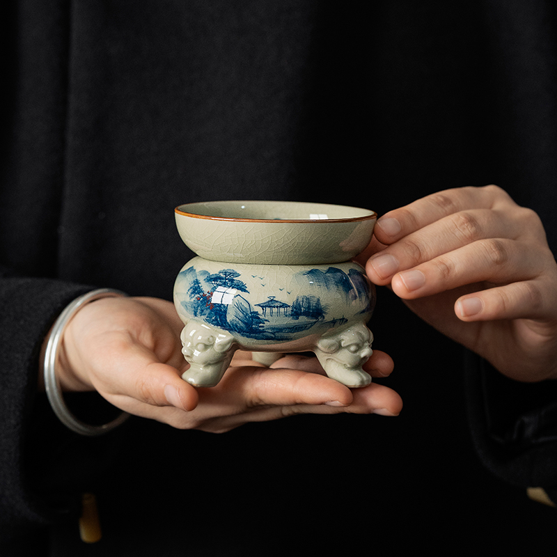 Landscape Strainer Set, Porcelain Stainer+Holder, Blue and White Jingdezhen Pottery