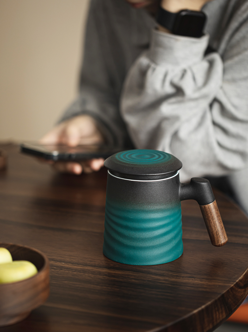 Japanese Style Tea Mug With Infuser 400ml, Bas-Relief Waves Pattern, 3 Colors Optional