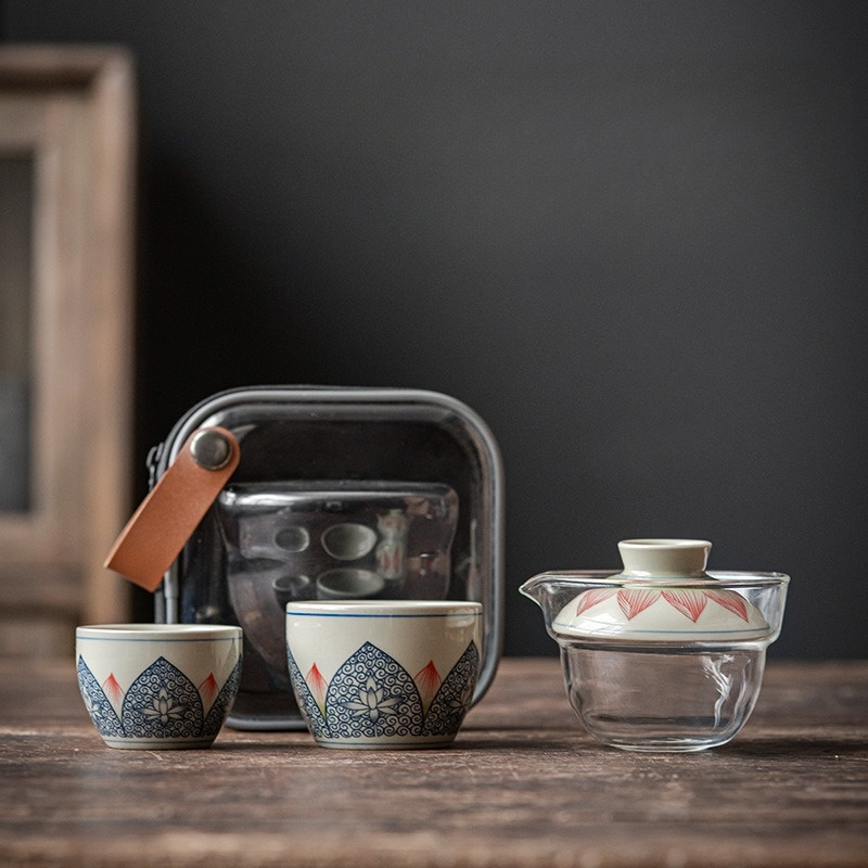 Flower Travel Tea Set, 1 Glass Teapot+2 Ceramic Cups
