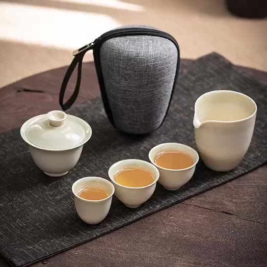 Ash White Travel Tea Set 120ml, 1 Gaiwan+3 Cups+ 1 Fair Cup