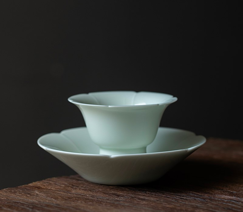 Ice Flower Tea Cup with Saucer 60ml, Misty Blue Ice Crackle Glaze, Chinese Kung Fu Tea Cup Set