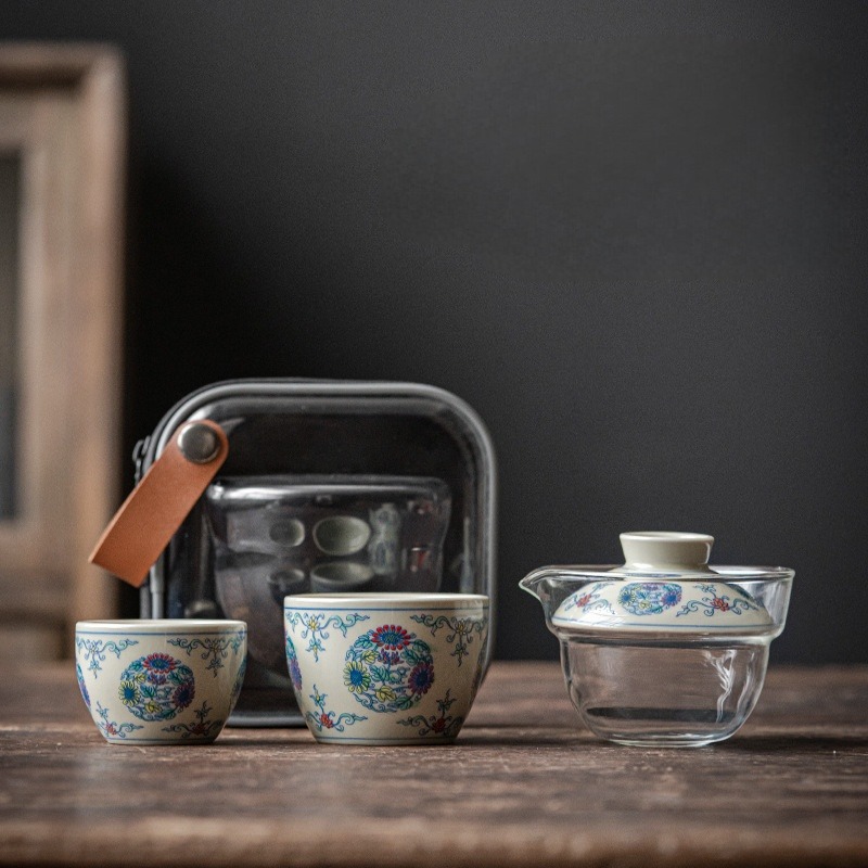 Flower Travel Tea Set, 1 Glass Teapot+2 Ceramic Cups