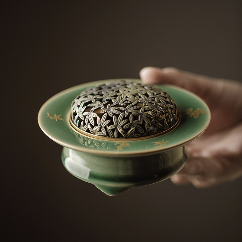 Minimal Style Celadon Incense Burner with Copper Cover and Flower Pattern