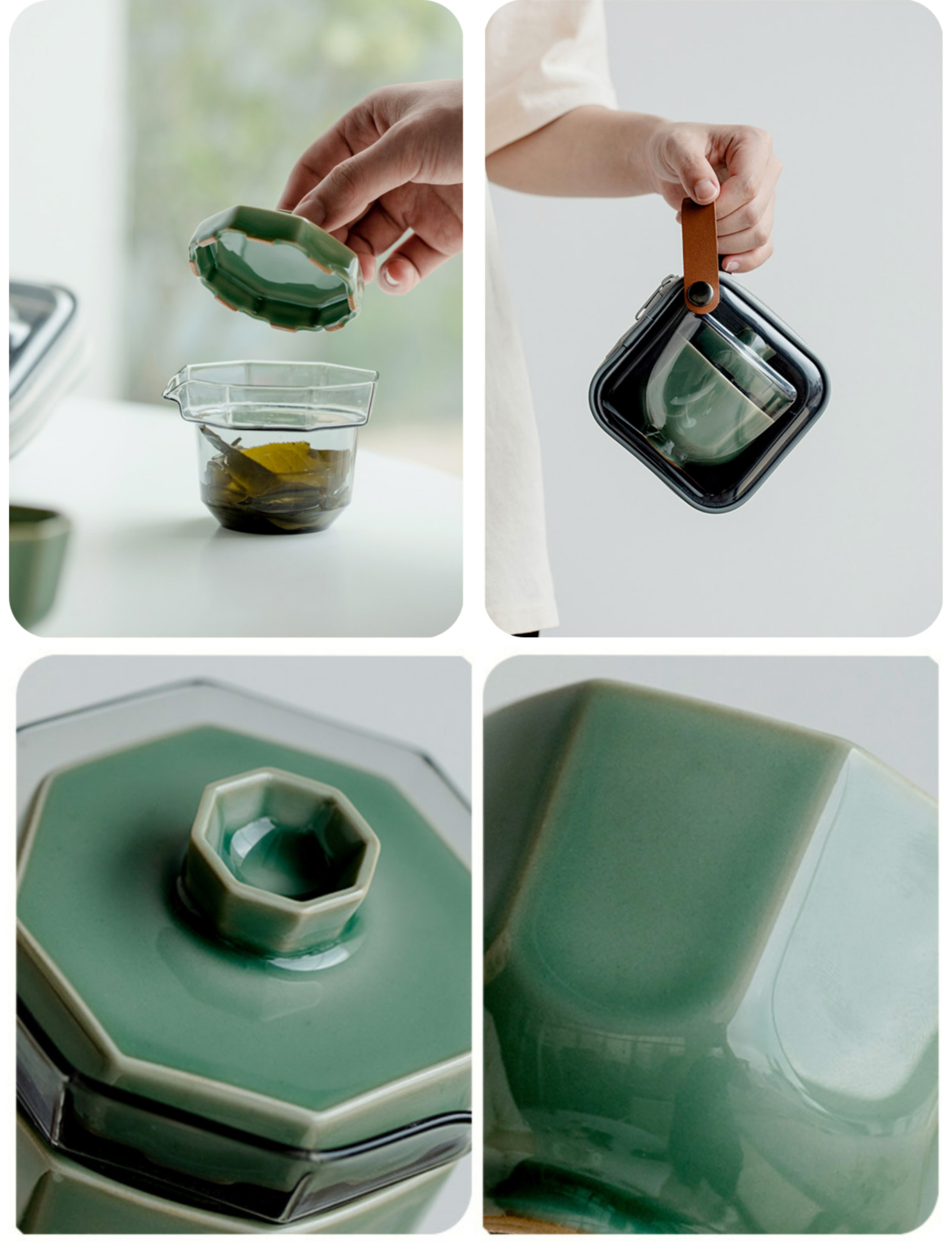 Marble Green Travel Tea Set, 1 Glass Teapot+2 Ceramic Cups