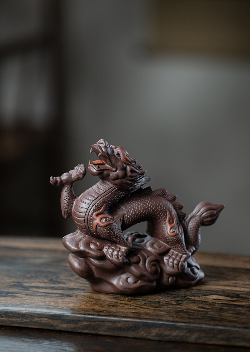 Ceramic Chinese Dragon Figurine, Made of Yixing Zisha Clay Handmade Tea Pet Set,