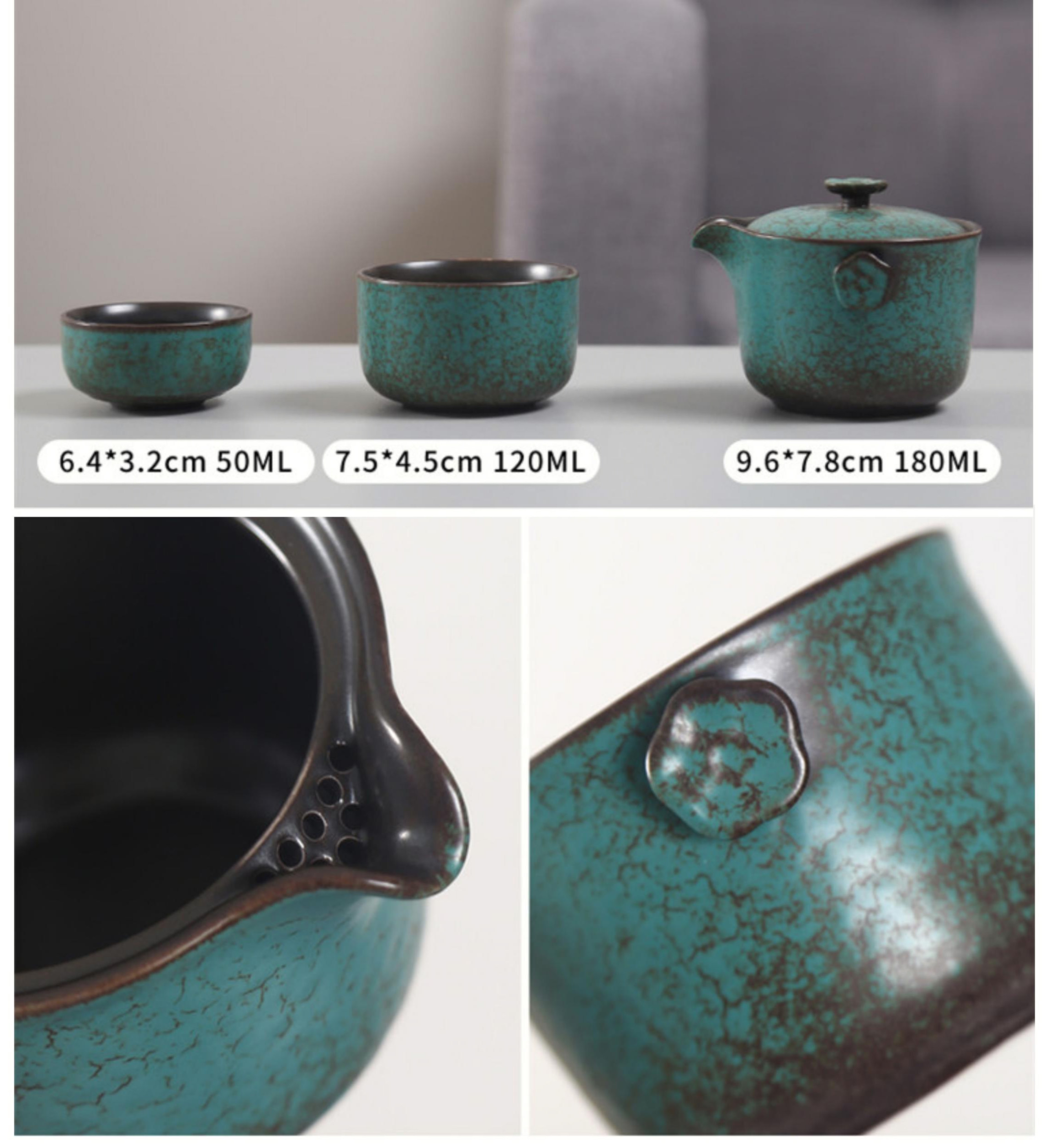 Bronze Green Ceramic Travel Tea Set, 1 Teapot+4 Cups