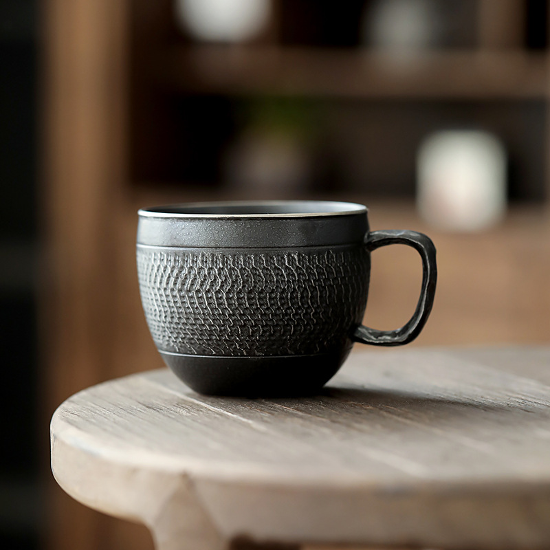 Black Iron Mug, Stoneware Coffee Mug with Saucer Set 250ml, Handmade Pottery Mug