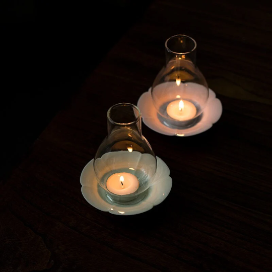 Japanese Style Tealight Candle Holder, Glass Shade+Ash White Porcelain Tray, Tea Room Decor