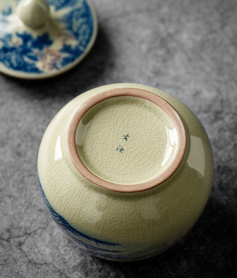 Tea Canister Landscape and Calligraphy 300ml, Blue and White Jingdezhen Pottery