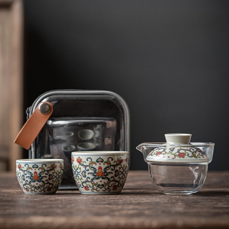 Flower Travel Tea Set, 1 Glass Teapot+2 Ceramic Cups