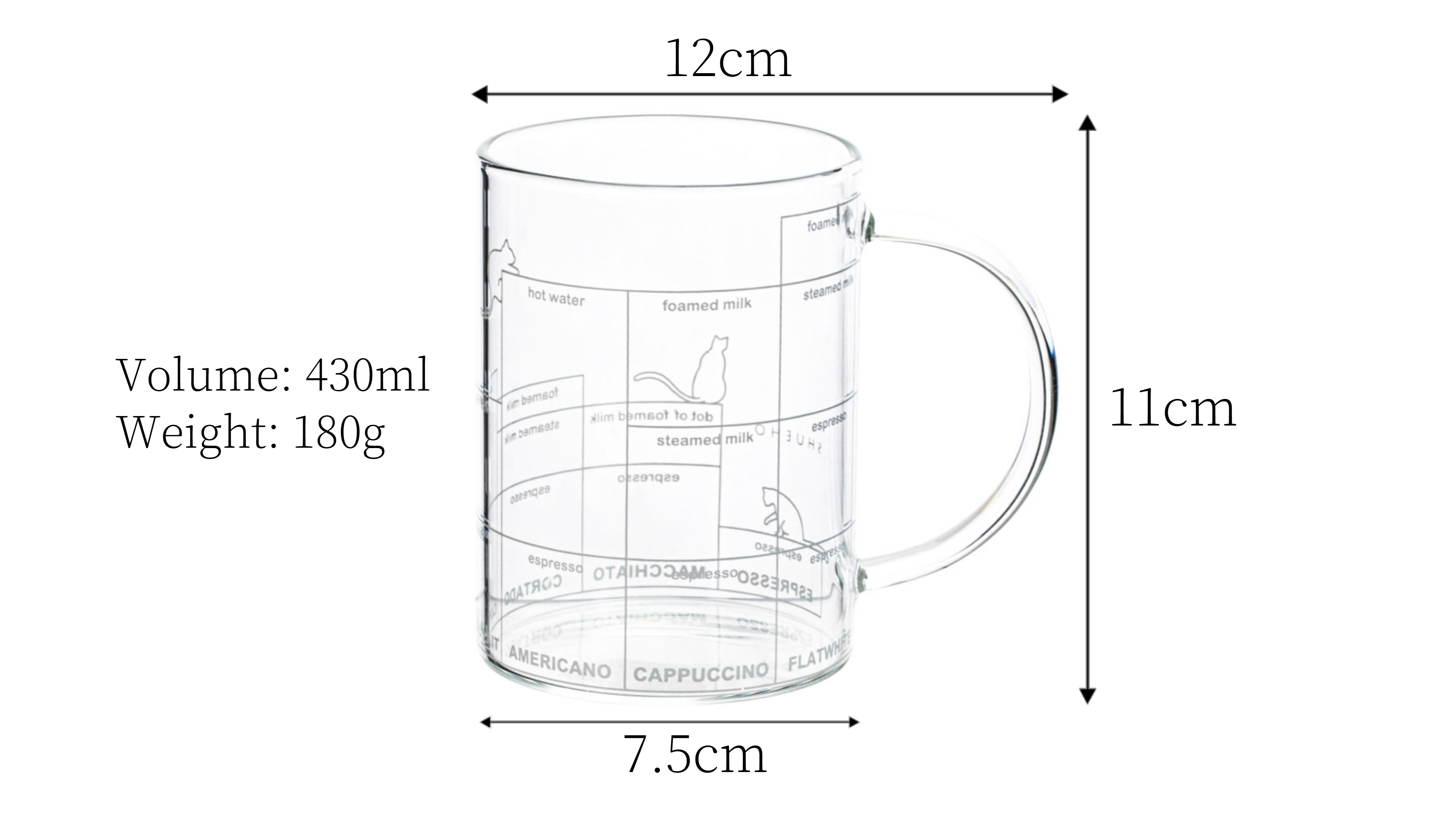 Cat Glass Mug with Coffee Measurement Markings 430ml