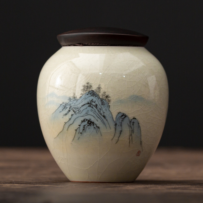 Classic Chinese Style Ceramic Tea Canister with Handpaint Patterns of Landscape and Osmanthus