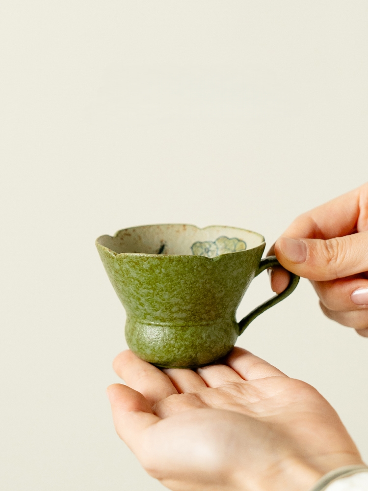 Green Mug with Saucer 80ml, Fish and Lotus
