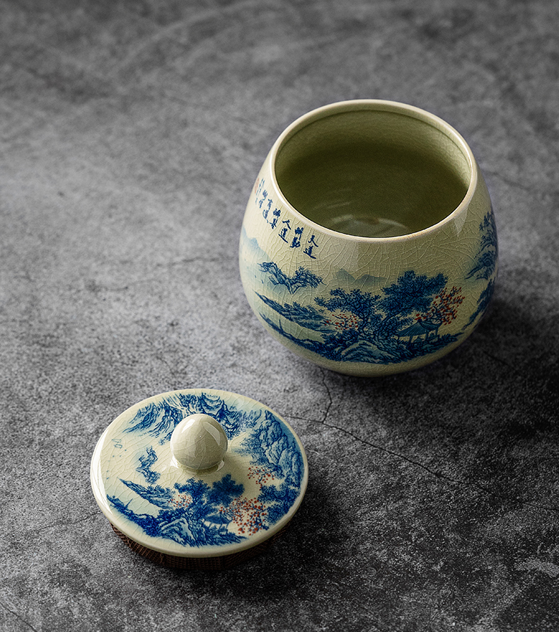 Tea Canister Landscape and Calligraphy 300ml, Blue and White Jingdezhen Pottery