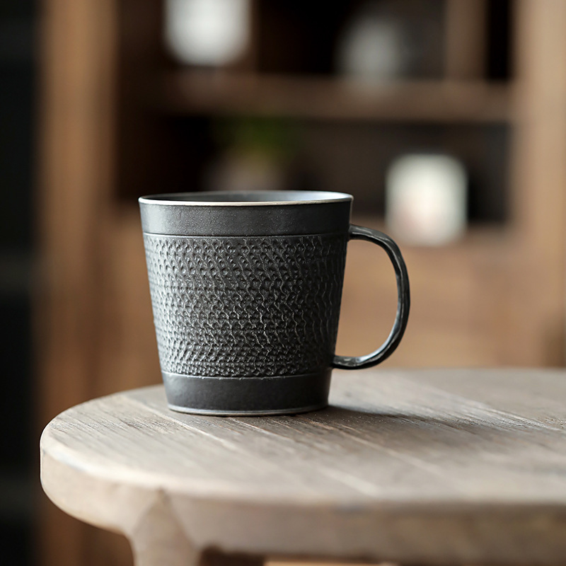 Black Iron Mug, Stoneware Coffee Mug with Saucer Set 350ml, Handmade Pottery Mug