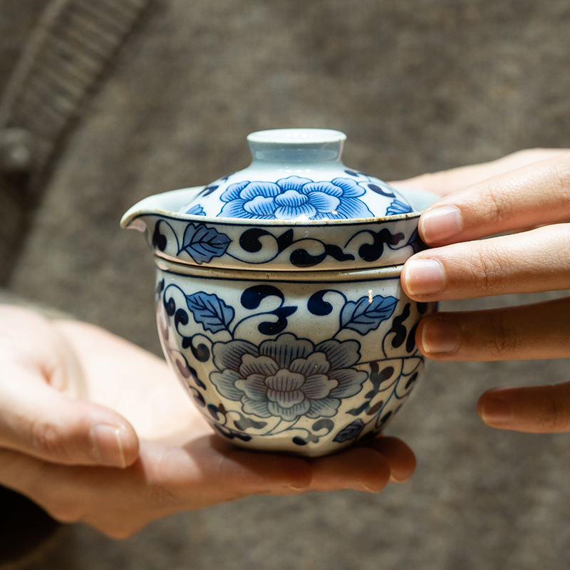 Blue and White Porcelain Teapot and Cup Travel Tea Set with Bag