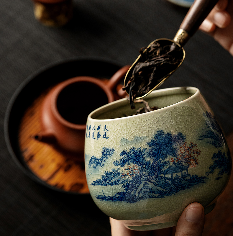 Tea Canister Landscape and Calligraphy 300ml, Blue and White Jingdezhen Pottery