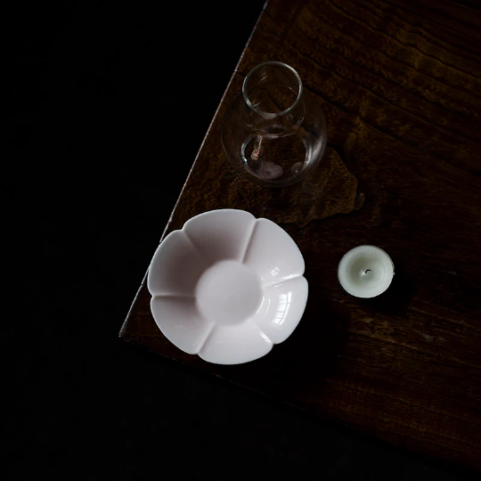 Japanese Style Tealight Candle Holder, Glass Shade+Ash White Porcelain Tray, Tea Room Decor