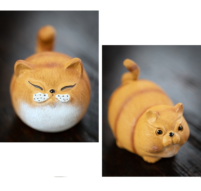 Cute Chubby Cat, Purple Clay Tea Pet, Black/Orange Kitty