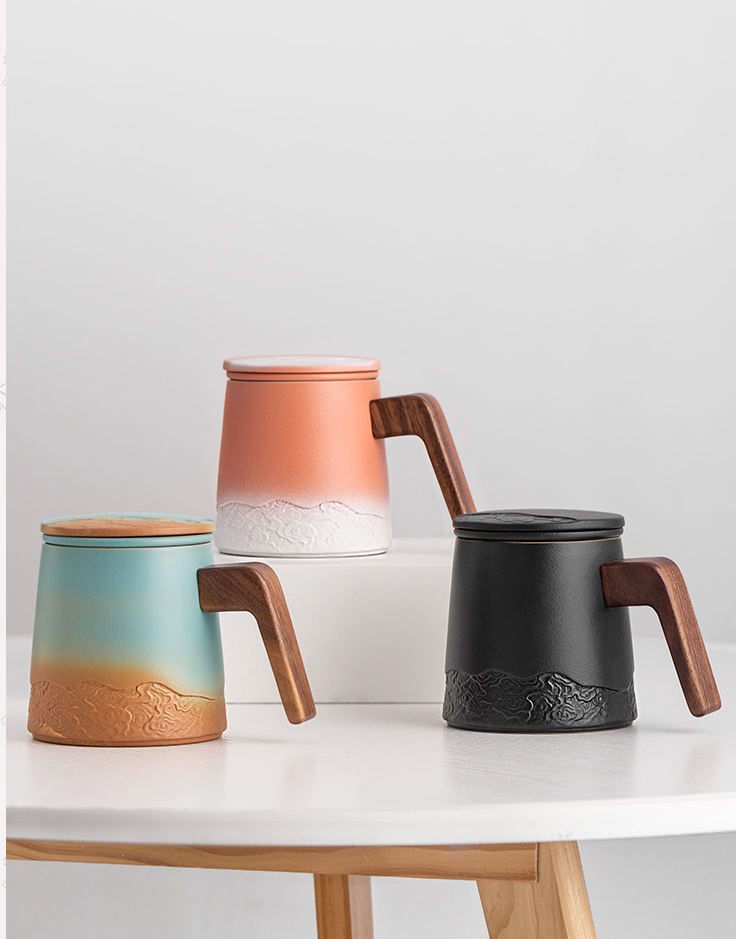 Sky Gradient Tea Mug With Infuser 360ml, Engraved Cloud Pattern, 4 Colors Optional