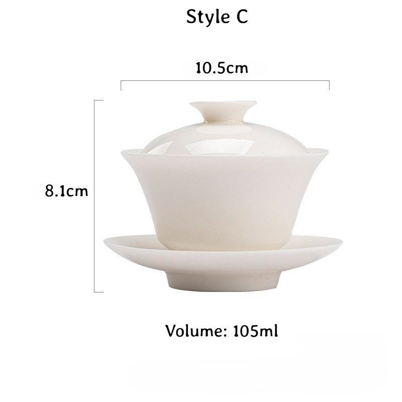 White Porcelain Gaiwan with Saucer, 6 Styles Optional