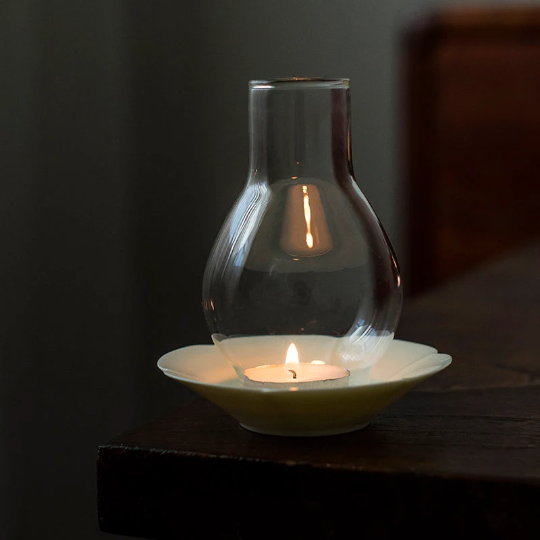 Japanese Style Tealight Candle Holder, Glass Shade+Ash White Porcelain Tray, Tea Room Decor
