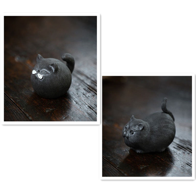 Cute Chubby Cat, Purple Clay Tea Pet, Black/Orange Kitty