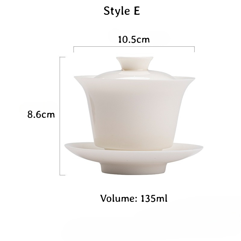 White Porcelain Gaiwan with Saucer, 6 Styles Optional
