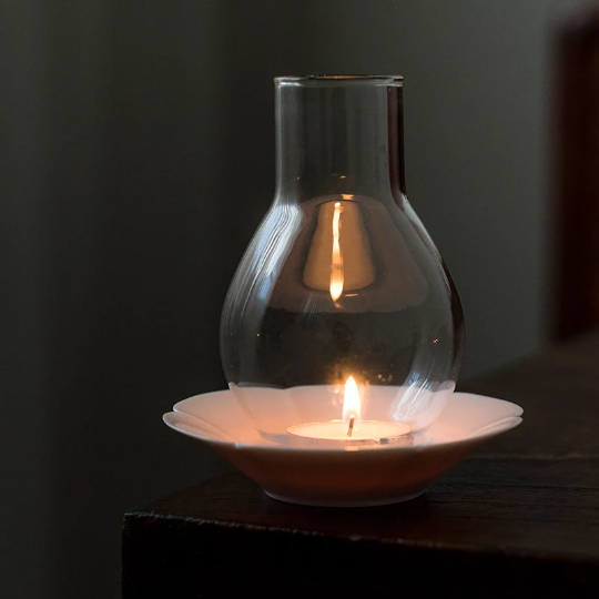 Japanese Style Tealight Candle Holder, Glass Shade+Ash White Porcelain Tray, Tea Room Decor