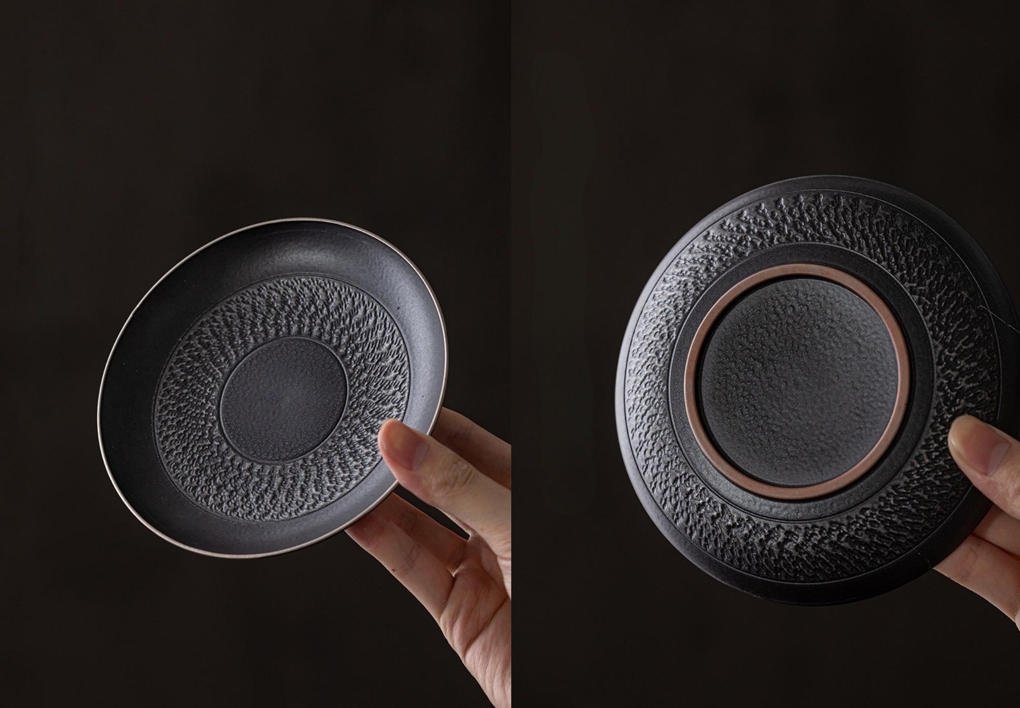 Black Iron Mug, Stoneware Coffee Mug with Saucer Set 350ml, Handmade Pottery Mug