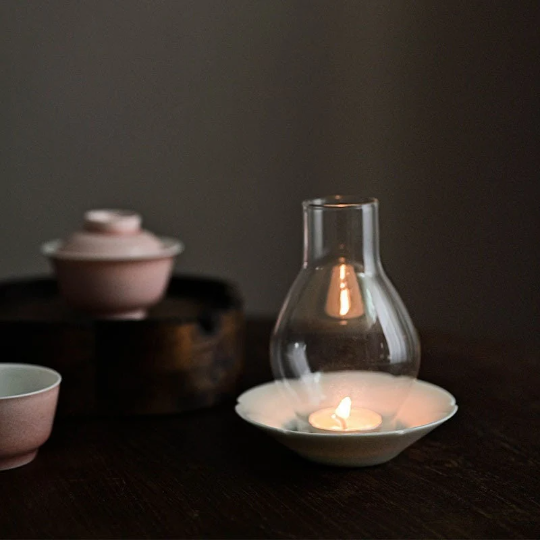 Japanese Style Tealight Candle Holder, Glass Shade+Ash White Porcelain Tray, Tea Room Decor