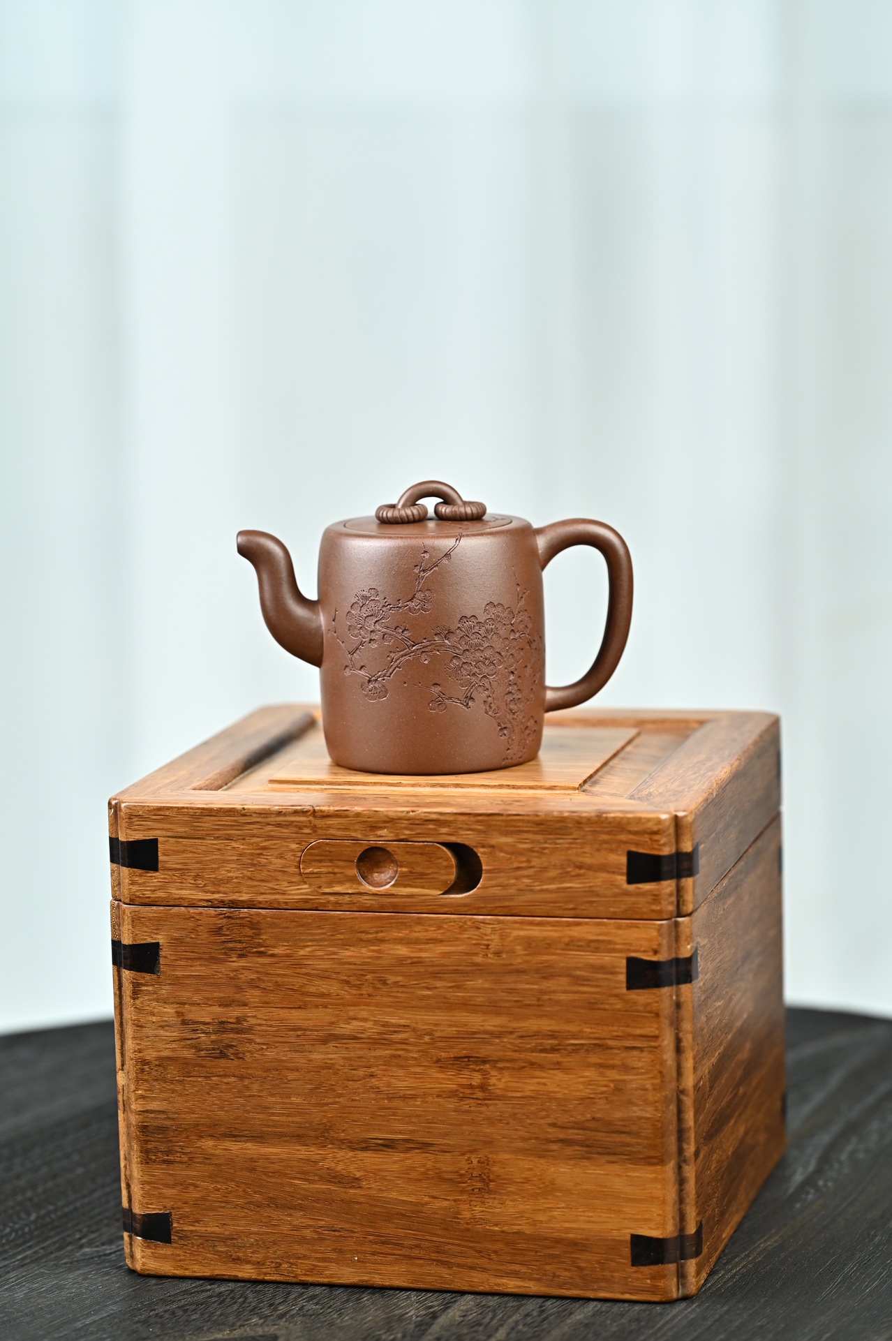 the "Dual Circle with Incised Plum and Incriptions", Yixing Purple Clay (Zisha) Teapot 200ml, Handmade Kung Fu Teapot