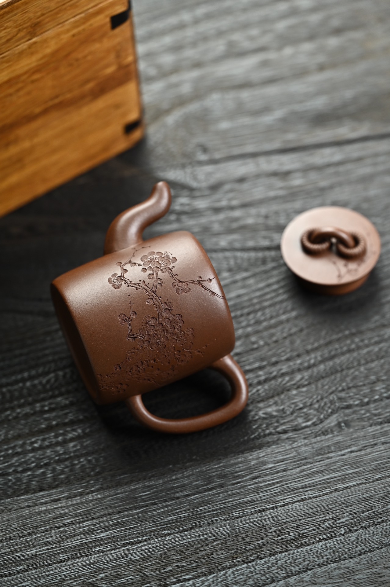 the "Dual Circle with Incised Plum and Incriptions", Yixing Purple Clay (Zisha) Teapot 200ml, Handmade Kung Fu Teapot