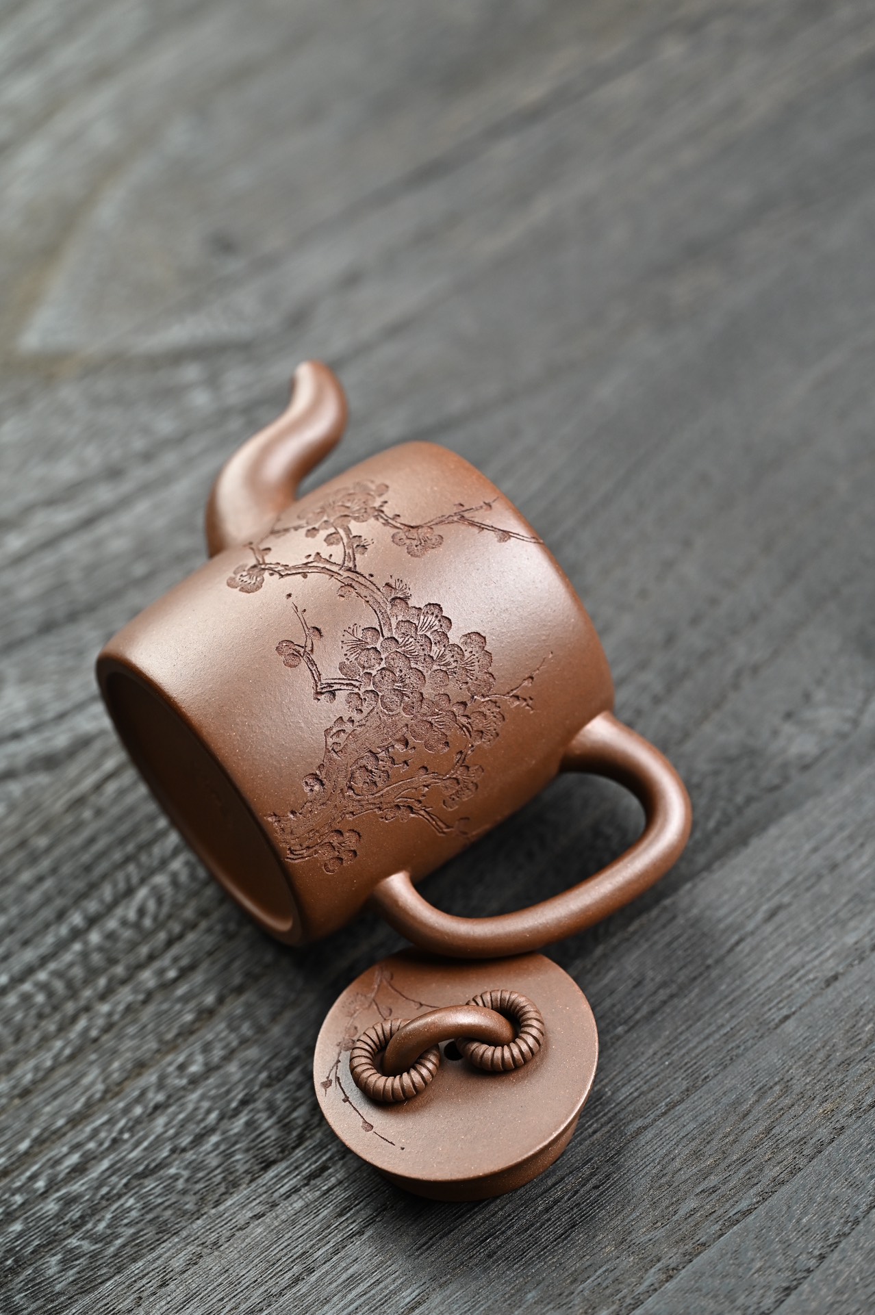 the "Dual Circle with Incised Plum and Incriptions", Yixing Purple Clay (Zisha) Teapot 200ml, Handmade Kung Fu Teapot