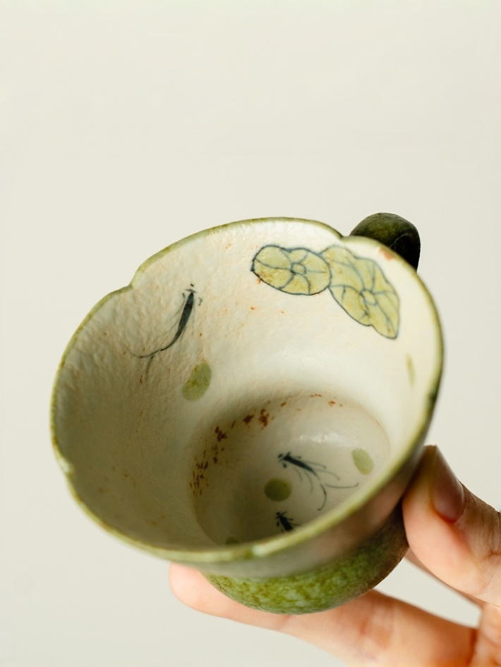 Green Mug with Saucer 80ml, Fish and Lotus