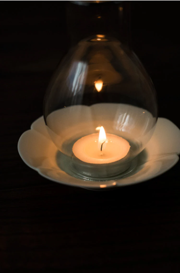 Japanese Style Tealight Candle Holder, Glass Shade+Ash White Porcelain Tray, Tea Room Decor