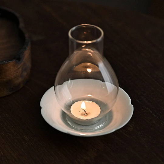 Japanese Style Tealight Candle Holder, Glass Shade+Ash White Porcelain Tray, Tea Room Decor