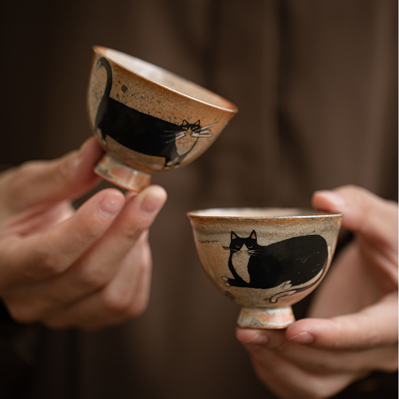 Japnese Shino Ware Style Black Cat Tea Cup 60ml
