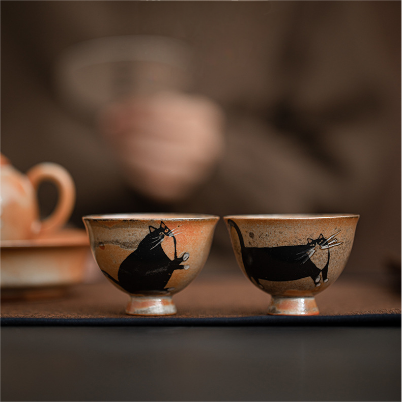 Japnese Shino Ware Style Black Cat Tea Cup 60ml