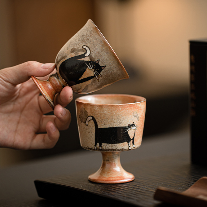 Japanese Shino Ware Style Black Cat Tea Cup